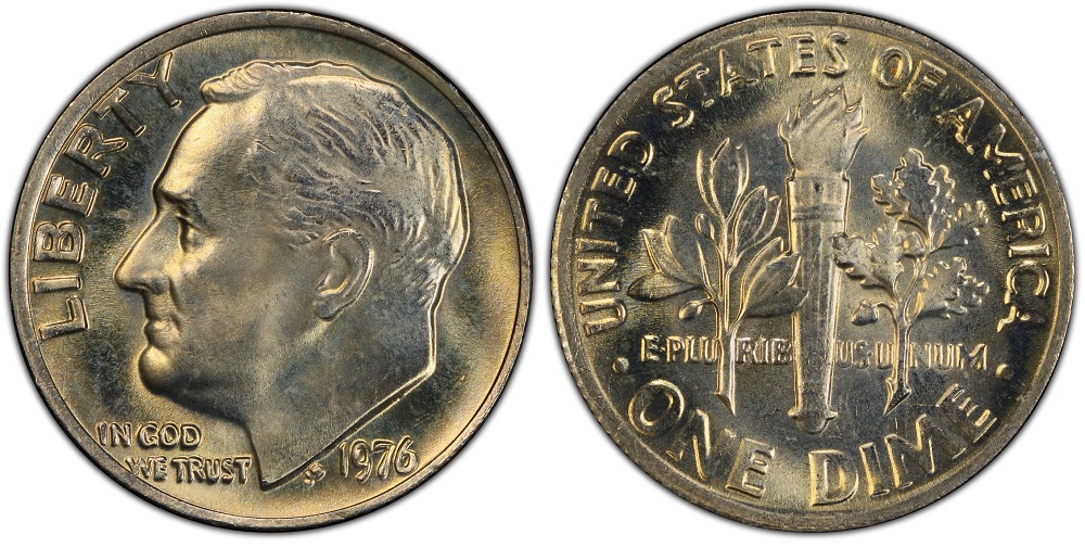 Side-by-side comparison of 1976 dime torch bands — common weak strike versus Full Bands specimen