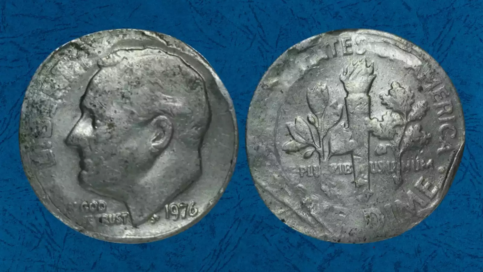 1976 dime broadstrike error showing wider diameter plain edge and spread design compared to normal dime
