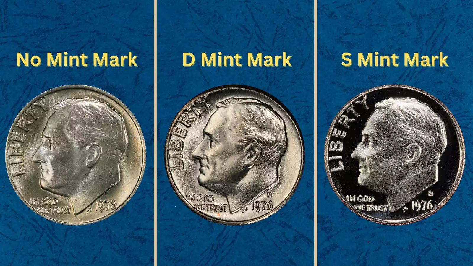 Group of 1976 Roosevelt dimes showing various grades from worn to gem uncirculated